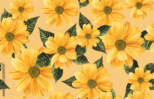 Vintage seamless autumn pattern background with chrysanthemum. Botanical wallpaper, raster illustration in super High resolution. © Karmina