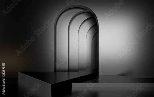 Long dark corridor with futuristic light. 3D rendering. Abstract black white background