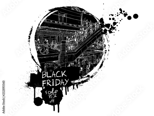 Black Friday Sale shopping scape discounts advert banner of black Friday sale. Hand drawing of the people shop in the mall or giant store. Flyer with paint splashes and ink stain. Vector.