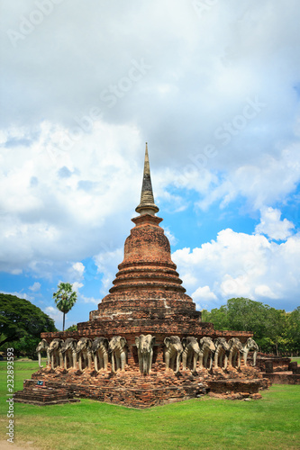 Elephants surrounded pagoda Wat Sorasak temple in Sukhothai