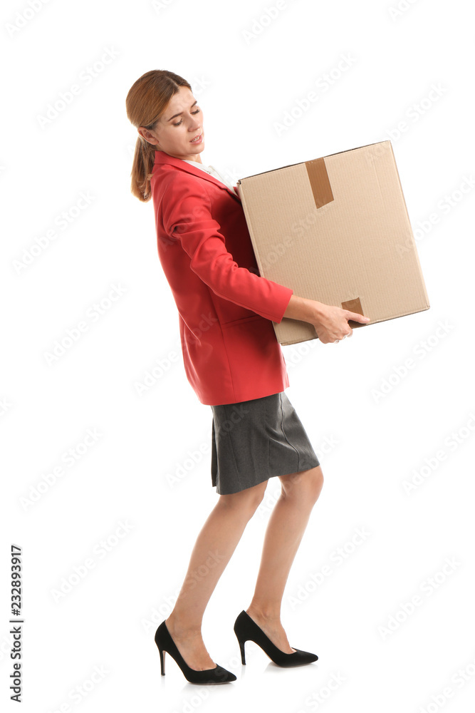 Full length portrait of woman carrying carton box on white background. Posture concept Full length portrait of woman carrying carton box on white background. Posture concept