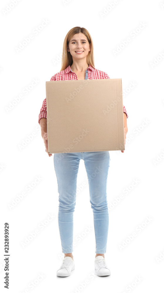 Full length portrait of woman carrying carton box on white background. Posture concept Full length portrait of woman carrying carton box on white background. Posture concept