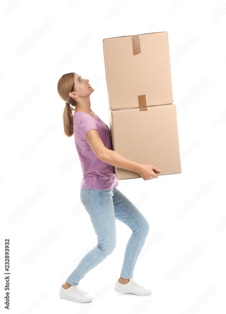 Full length portrait of woman carrying carton boxes on white background. Posture concept Full length portrait of woman carrying carton boxes on white background. Posture concept
