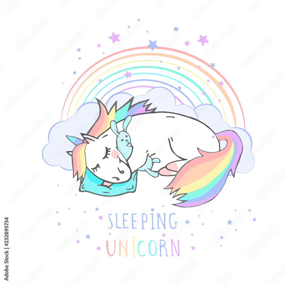 Vector illustration of hand drawn sleeping unicorn with bunny toy and ...