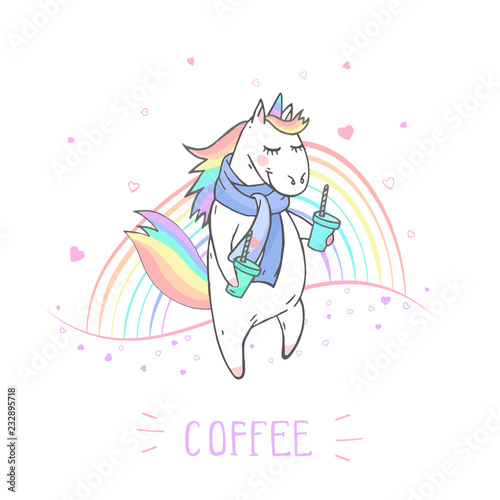 Vector illustration of hand drawn cute unicorn with coffee and text - COFFEE on withe background. Cartoon style. Colored.