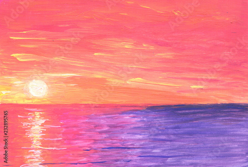 Fototapeta Naklejka Na Ścianę i Meble -  Sunset in orange-purple ocean in gouache