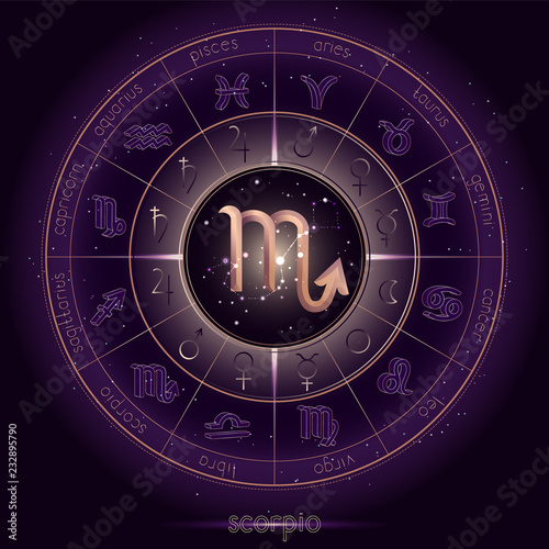 Zodiac sign and constellation SCORPIO with Horoscope circle on the starry night sky background with geometry pattern. Sacred symbols and pictograms astrology planets in mystical circle. Gold.