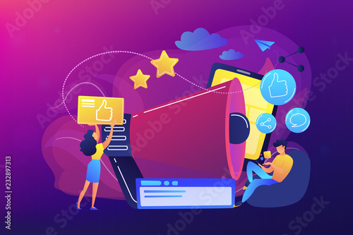 Users with like, share icons and megaphone. Like comment share giveaway, social networks promotion, like farming concept on ultraviolet background. Bright vibrant violet vector isolated illustration