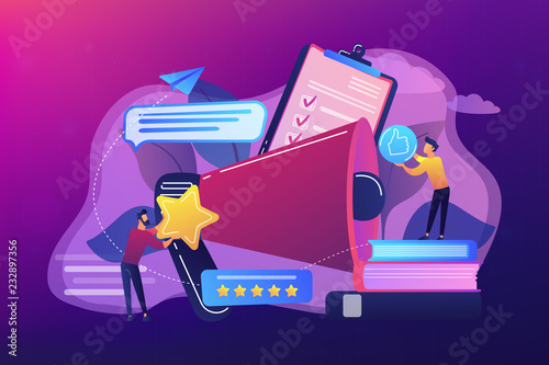 Megaphone and businessmen rate with stars and thumb up icons. Rank and rating scale, high-ranking, top-ranking concept on ultraviolet background. Bright vibrant violet vector isolated illustration