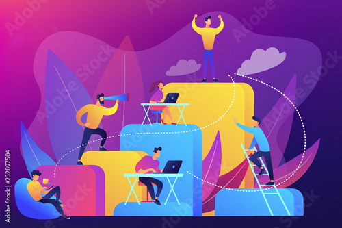 Business people work and climb the corporate ladder. Employment hierarchy, career planning, career ladder concept on ultraviolet background. Bright vibrant violet vector isolated illustration