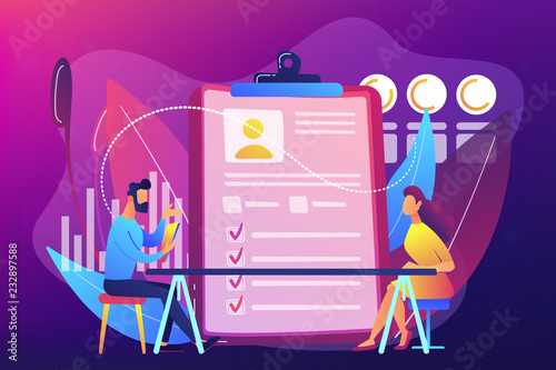 Employer meeting job applicant at pre-employment assessment. Employee evaluation, assessment form and report, performance review concept. Bright vibrant violet vector isolated illustration