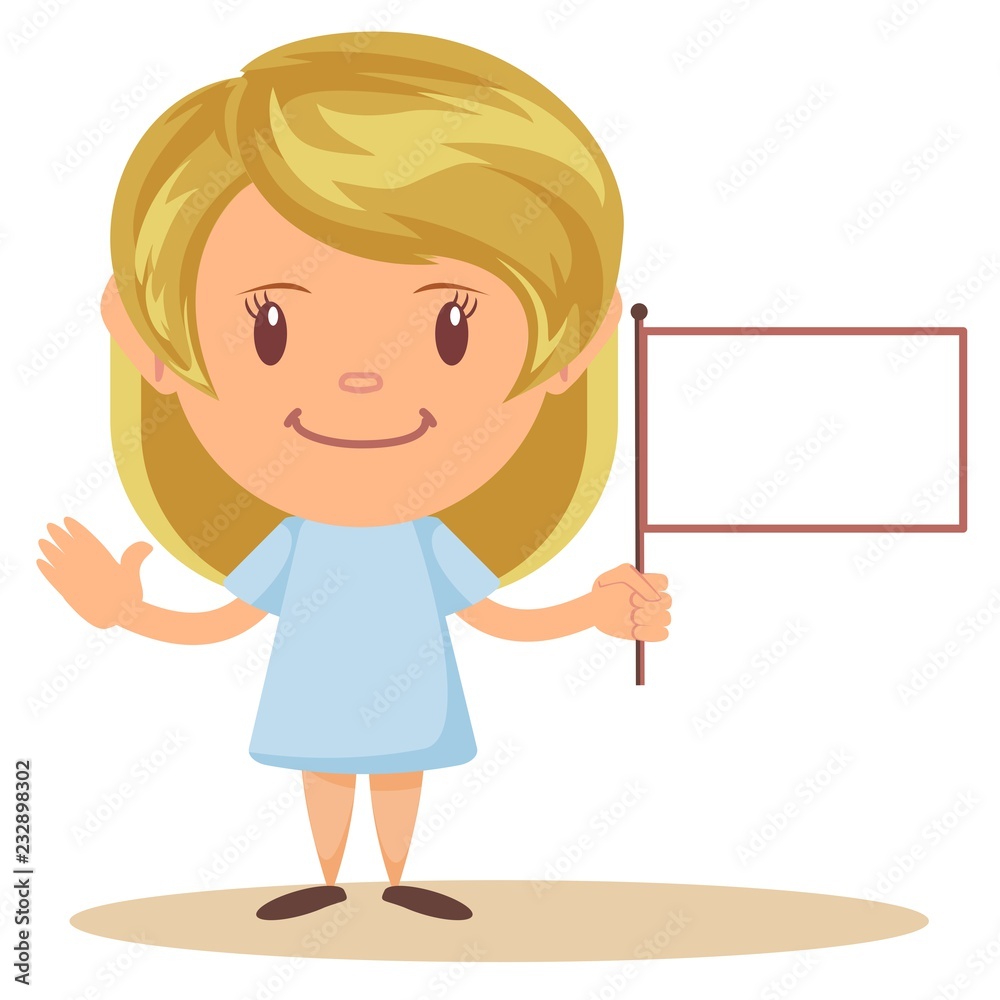 Young beautiful blonde holding blank white flag . Stock flat vector illustration. Young beautiful blonde holding blank white flag . Stock flat vector illustration.