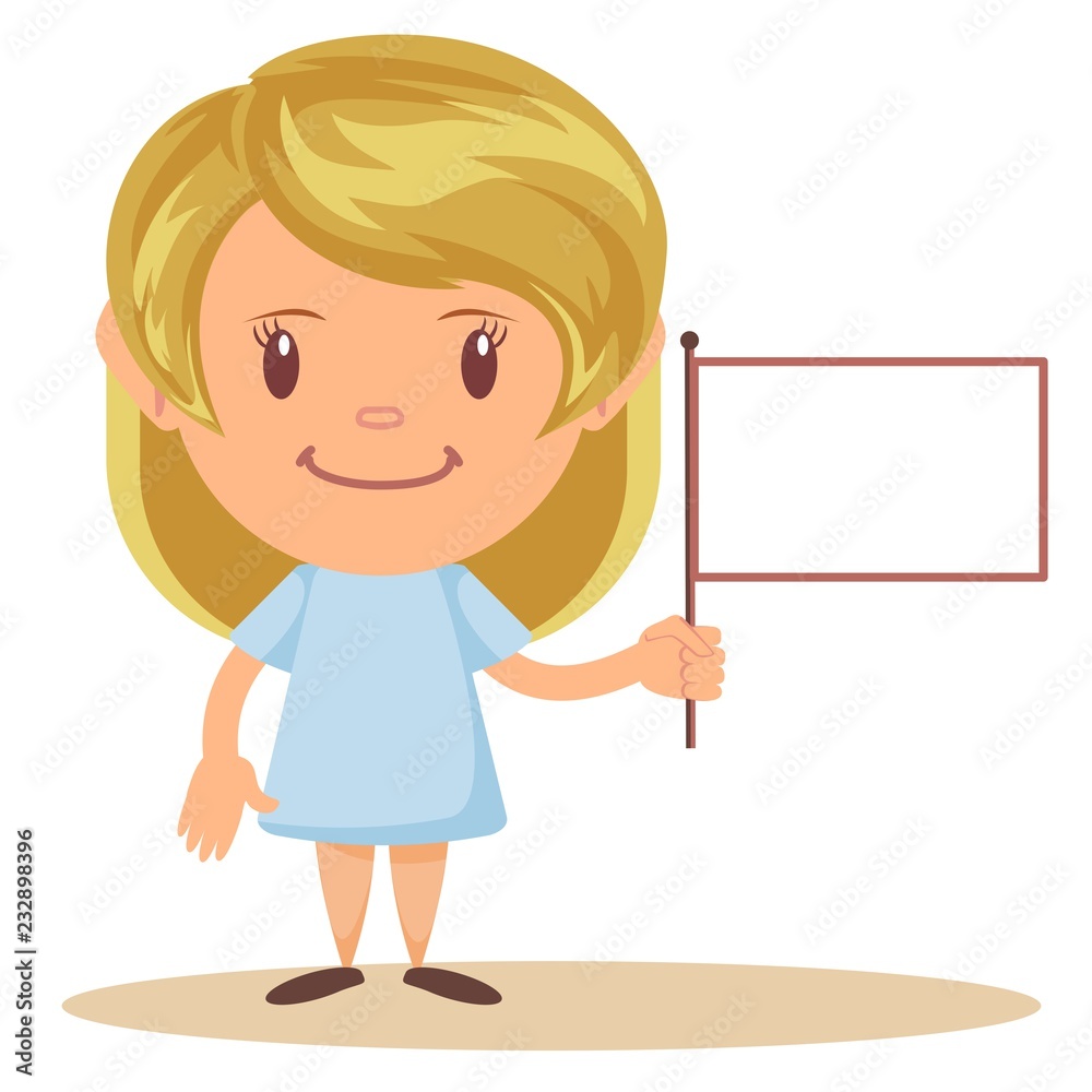 Young beautiful blonde holding blank white flag - board sign over white background. Stock flat vector illustration. Young beautiful blonde holding blank white flag - board sign over white background. Stock flat vector illustration.