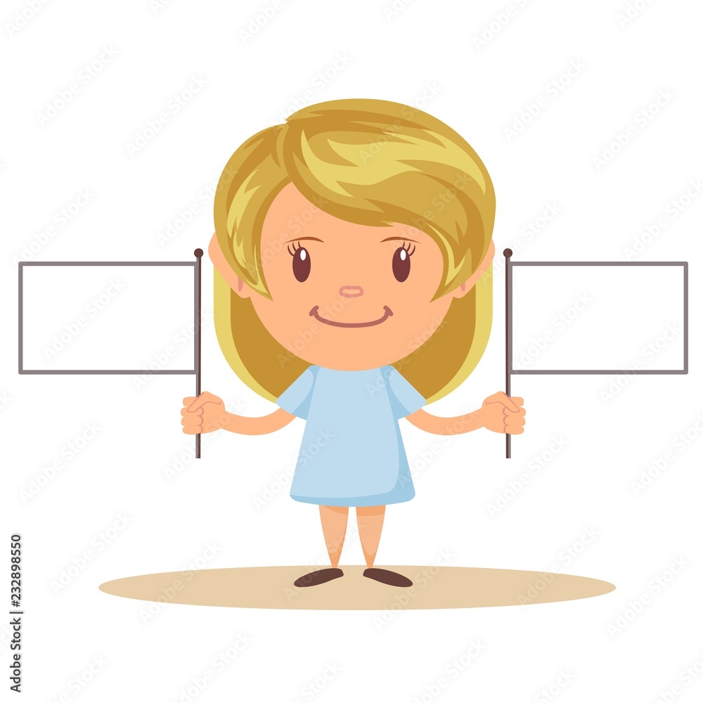 Young beautiful blonde holding blank white flag - board sign over white background Young beautiful blonde holding blank white flag - board sign over white background