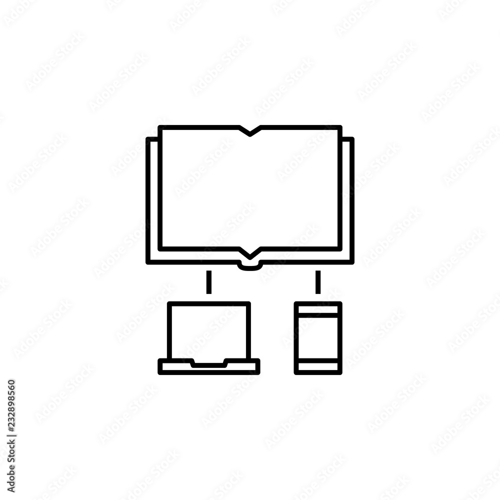 book, laptop, mobile, share icon. Element of education icon for mobile concept and web apps. Thin line book, laptop, mobile, share icon can be used for web and mobile