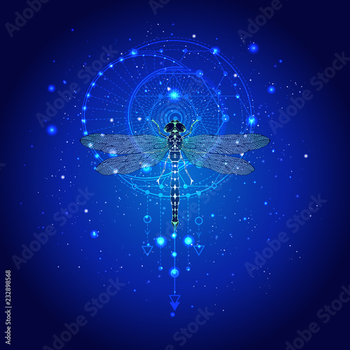Vector illustration with hand drawn dragonfly and Sacred geometric symbol against the starry sky. Abstract mystic sign.