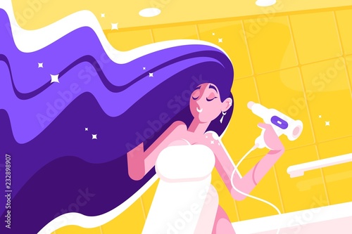 Girl with amazing long hair blowing dry
