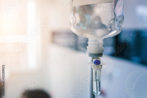 Healthcare concept, Close up of medical drip or IV drip chamber in patient room, Selective focus Fototapeta