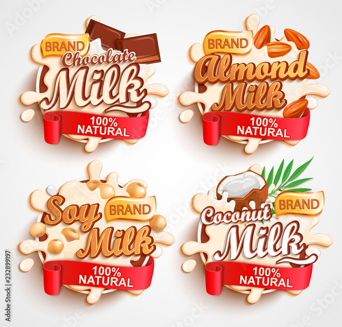 Almond, chocolate, soy, coconut milk labels with milky splash. 100 percent natural, organic and fresh healthy drink.Perfect for your advertising and packaging cosmetics or dairy products.Vector.