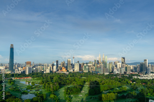 Morning view over Kuala Lumpur, capital of Malaysia. Its modern skyline is dominated by the 451m tall KLCC, a pair of glass and steel clad skyscrapers. © ShaifulZamri