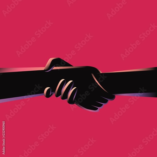 Two hands holding each other strongly with red magenta background