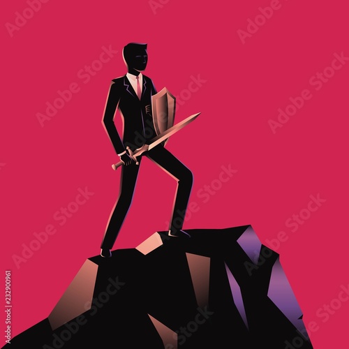 Optimistic businessman holding a sword and shield standing on top of a mountain. Professional wearing suit. Red Background.
