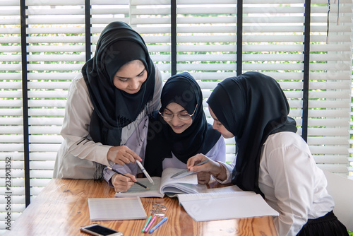 Muslim education activities in classroom at school, happy children learning.