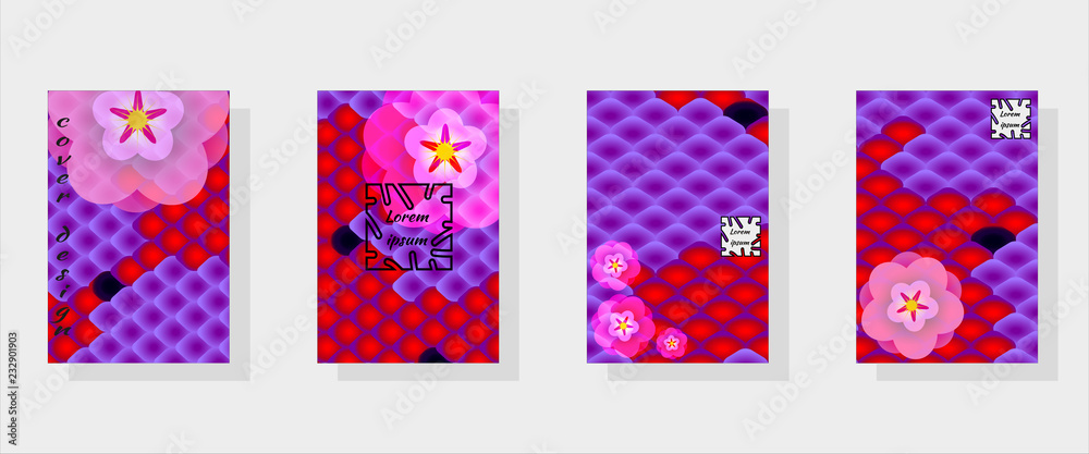 National oriental pattern, multi-colored fish scales of carp Koi and sakura flowers. Set of fashionable modern design templates for covers. Vector illustration.