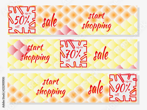 Wallpaper Mural Set of Sale horizontal banners design templates with national oriental pattern, multicolored fish scale koi carp. Vector illustration. Torontodigital.ca
