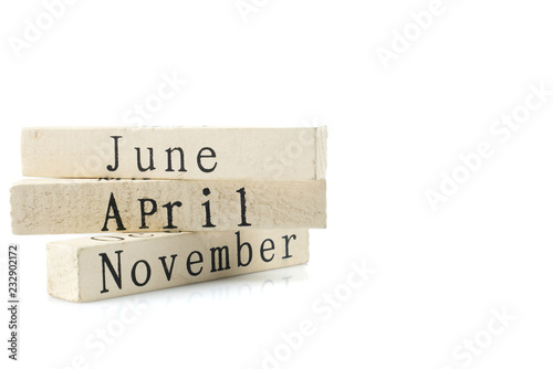 Cube wooden calendar showing month isolated on white background.copy space for text