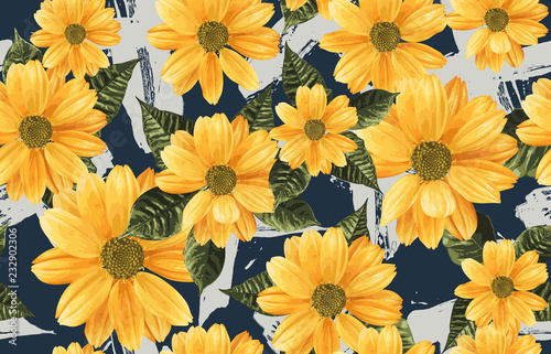 Printable seamless vintage repeat pattern background with yellow chrysanthemum flowers. Botanical wallpaper, raster illustration in super High resolution.