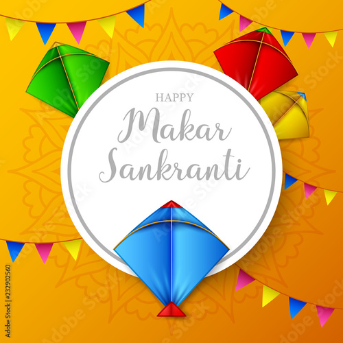 Makar sankranti greeting card with round paper and colorful kite