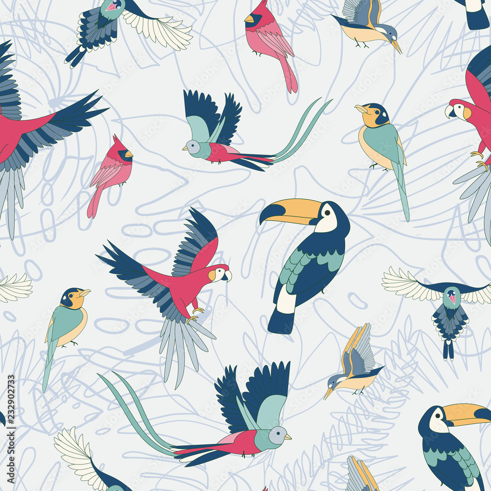 Tropical pattern with birds, parrots and tropic leaves. A bright, juicy summer.