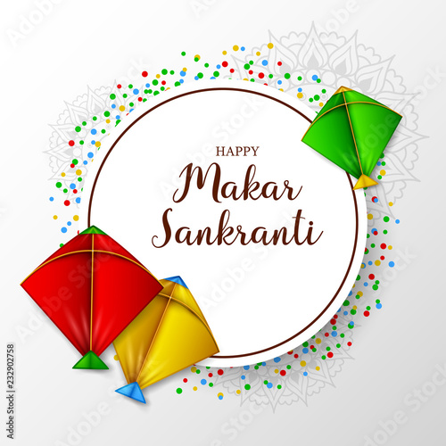 Makar sankranti greeting card with round paper and colorful kite