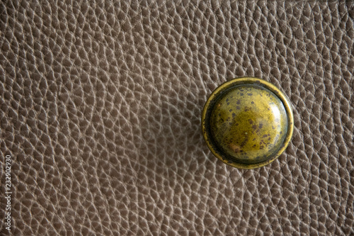 Antique brass knob on leather.