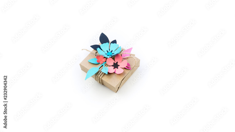 One gift box in craft paper.Copy space. One gift box in craft paper.Copy space.