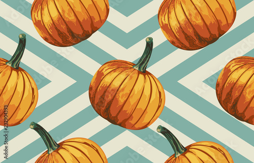 Printable seamless vintage autumn repeat pattern background with pumpkins. Botanical wallpaper  raster illustration in super High resolution.