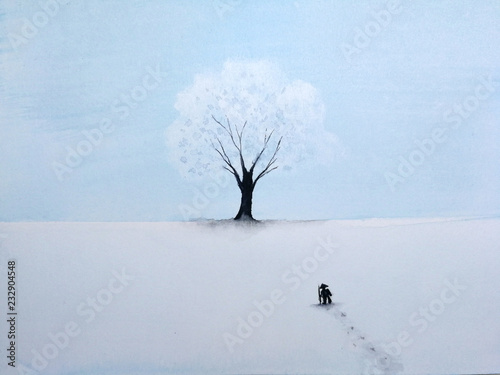 watercolor painting landscape lonely man walking through snow to the great tree in winter season. © atichat