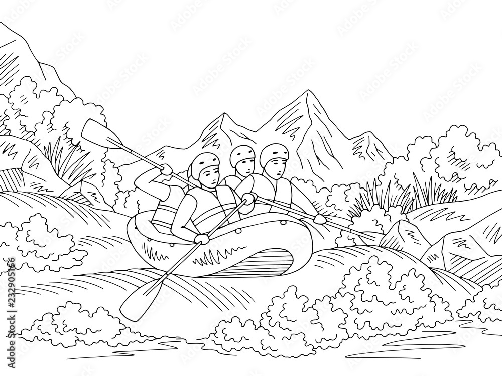 Rafting boat travel graphic black white landscape sketch illustration