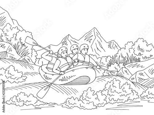 Rafting boat travel graphic black white landscape sketch illustration vector