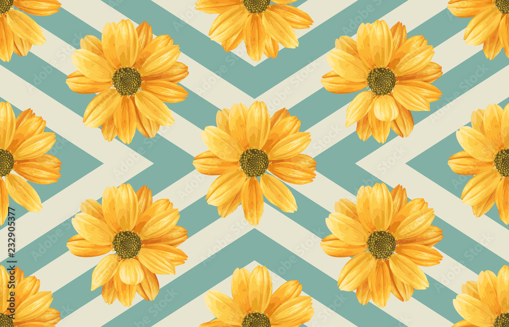 Printable seamless vintage repeat pattern background with yellow  chrysanthemum flowers. Botanical wallpaper, raster illustration in super  High resolution. Stock Illustration | Adobe Stock