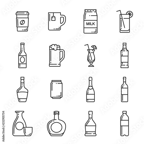 Drinks bottle, cup and mug vector icons