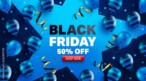 Black Friday Sale Promotion Poster or banner with balloons  concept.Special offer 50% off sale.Promotion and shopping template for Black Friday