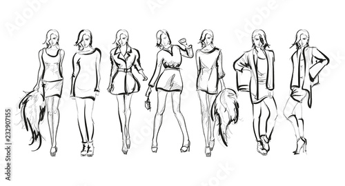 Sketch. Fashion Girls on a white background. Vector illustration