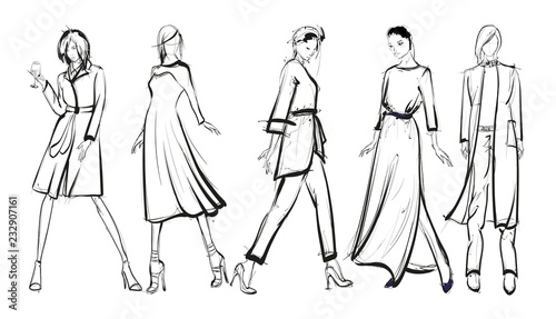 Sketch. Fashion Girls on a white background. Vector illustration