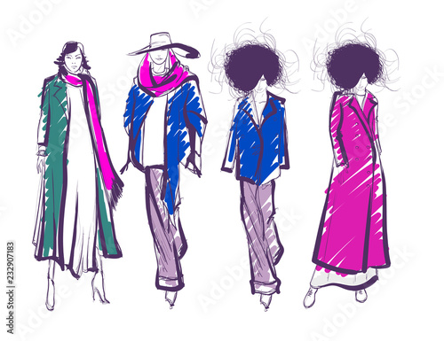 Sketch. Fashion Girls on a white background. Vector illustration