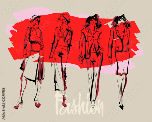 Sketch. Fashion Girls on a white background. Vector illustration