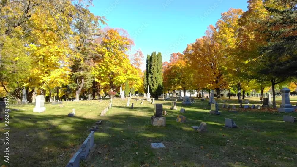 Drifting slowly thought Autumn cemetery with colorful trees, leaves.