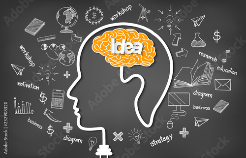 Human brain head creativity icon. sparking idea in business. on blackboard background vector illustration