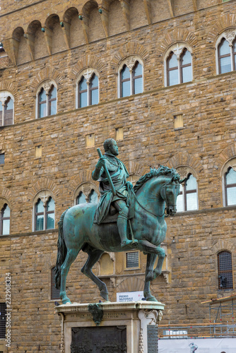 FLORENCE, ITALY - OCTOBER 28, 2018: bronze equestrian statue of Cosimo I Giambologna. Piazza della Signoria photo